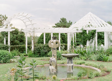 A serene garden scene featuring a small pond with stone sculptures and a birdbath, surrounded by lush greenery. In the background, white pergolas and trellises are covered with climbing plants under a cloudy sky.