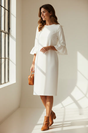 A woman with wavy brown hair smiles softly, facing forward in a knee-length 0039 ITALY - MAXLIN DRESS featuring three-quarter trumpet sleeves and ruffled cuffs. The white dress by 0039 ITALY looks comfortable against a plain light background.