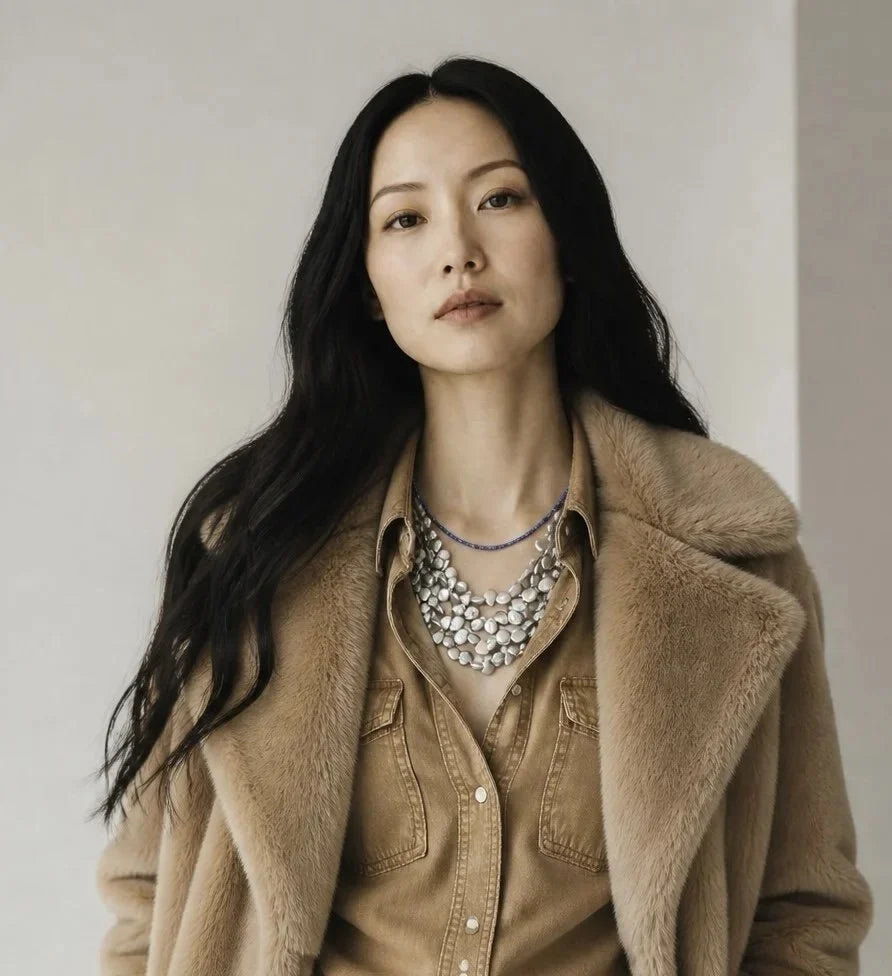 A woman wearing a tan faux fur coat over a button-up shirt, accessorized with a layered pearl and blue beaded necklace.