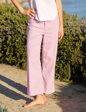 The FRANK & EILEEN Wexford Wide Leg Linen Pant in Red Stripe features high-waisted, wide-leg, red and white vertical stripes and is shown laid flat on a white background.