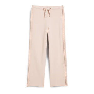 The FRANK & EILEEN BELLA ITALIAN SWEATPANT is a light beige, wide-leg knit pant with a drawstring waist and subtle side trim, shown flat on a white background.