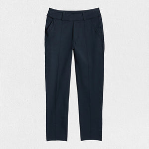 The FRANK & EILEEN Murphy Billion Dollar Pant in black, featuring a tailored waistband and side pockets, is displayed flat on a white textured background.