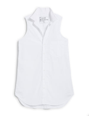 The FRANK AND EILEEN Finley sleeveless button-up is crafted from Italian cotton, featuring a left chest pocket, a slightly curved hem for layering, and a brand label inside the collar reading "Frank & Eileen EST 1947.