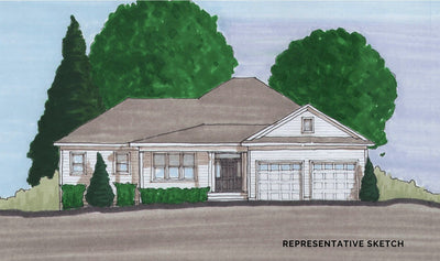 A hand-drawn sketch of a single-story suburban house with a two-car garage, front porch, and shrub landscaping, set against green trees and a light blue sky. The text