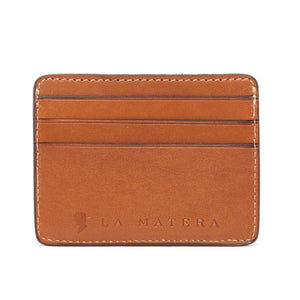 The LA MATERA - TRUCHA Woven and Leather Card Wallet by LA MATERA features brown Argentine leather trim and a woven center with a minimalist geometric navy, cream, and red stripe pattern.