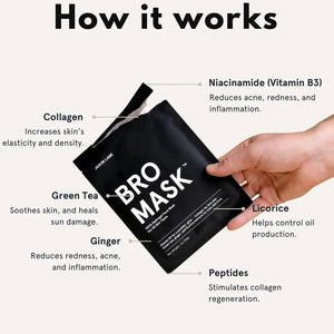 A shirtless man with curly dark hair, a beard, and a chest tattoo lounges outdoors in the sunlight, wearing JAXON LANE's Bro Mask Hydrogel Face Sheet Mask. He holds a drink and relaxes amid greenery, enjoying men's skincare by JAXON LANE.