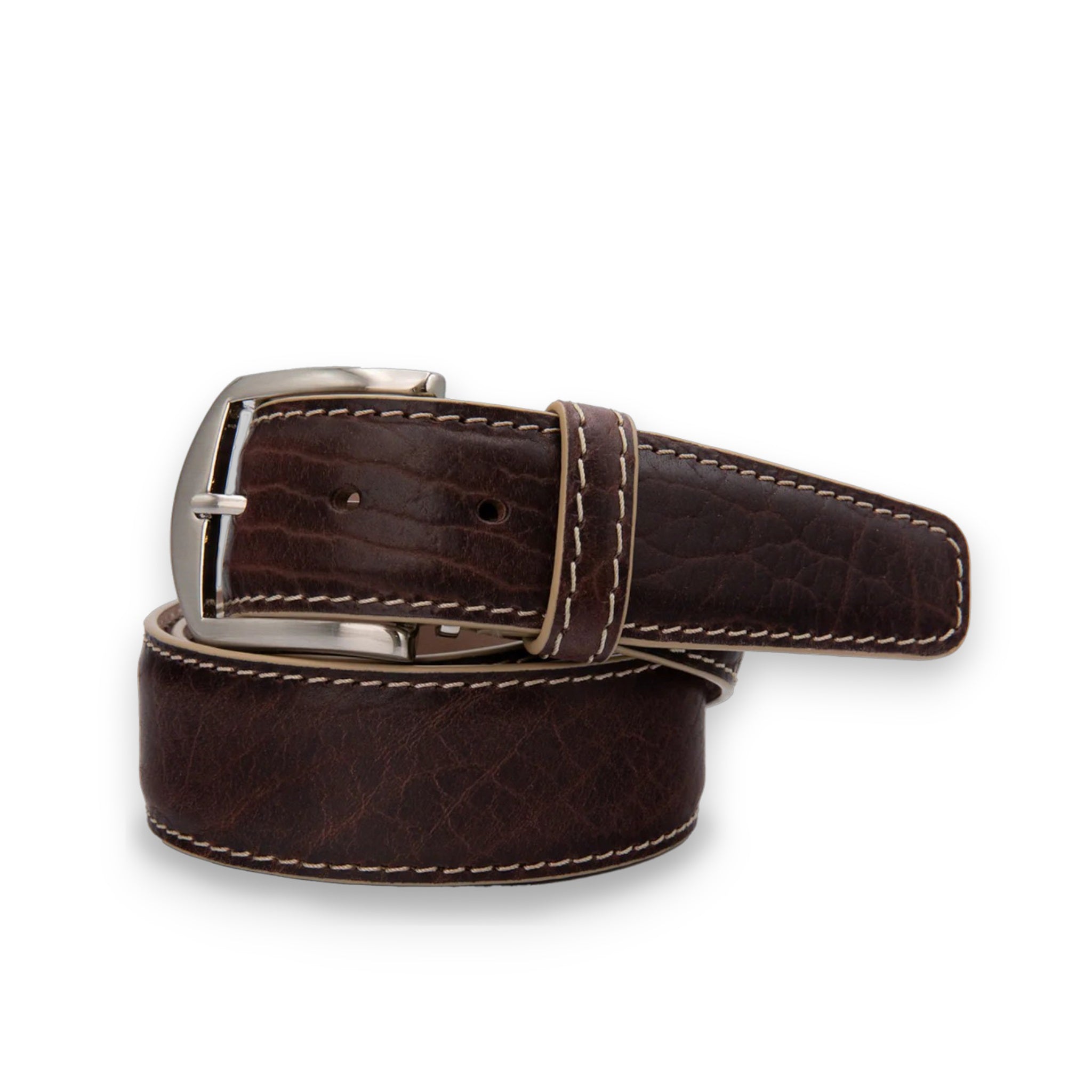 The L.E.N. LIFESTYLE American Bison Belt in brown/beige by LEN LIFESTYLE features genuine leather, a silver buckle, and white stitching, handcrafted in the USA and shown circular on a white background.