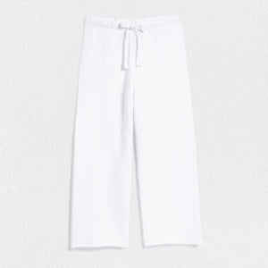A pair of the FRANK AND EILEEN Catherine Favorite Sweatpants in white, showcased against a textured white background. These comfortable drawstring pajama pants by Frank & Eileen feature a simple design with straight legs and an adjustable waist tie for optimal comfort.