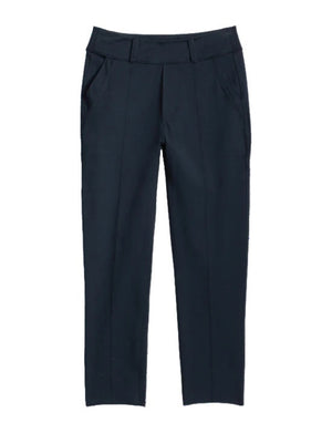 The FRANK & EILEEN Murphy Billion Dollar Pant in black, featuring a tailored waistband and side pockets, is displayed flat on a white textured background.