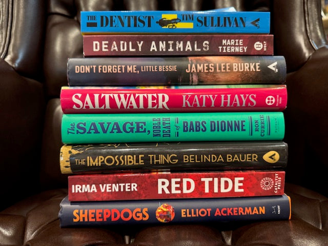 A stack of eight books sits on a dark brown leather chair. Titles include: The Dentist, Deadly Animals, Don’t Forget Me, Little Bessie, Saltwater, The Savage, The Impossible Thing, Red Tide, and Sheepdogs.