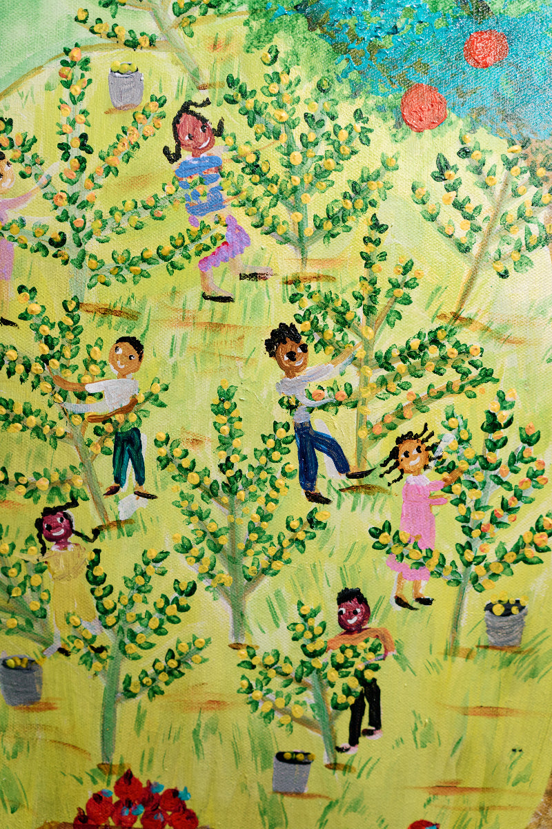 A painting of people picking lemons.
