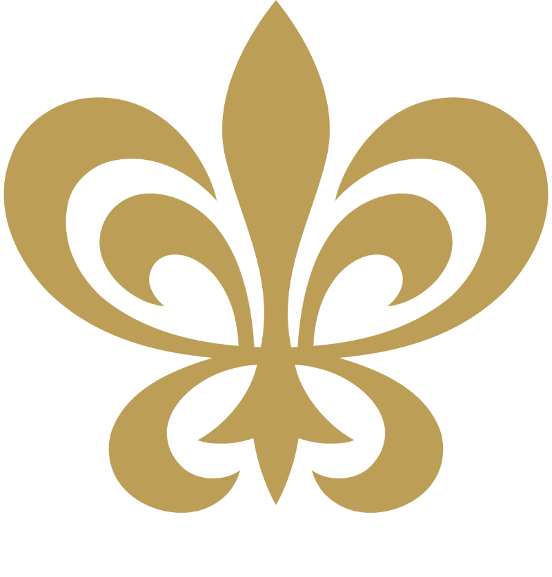 A gold fleur-de-lis symbol above bold black text that reads