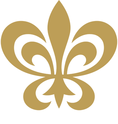 A gold fleur-de-lis symbol above bold black text that reads