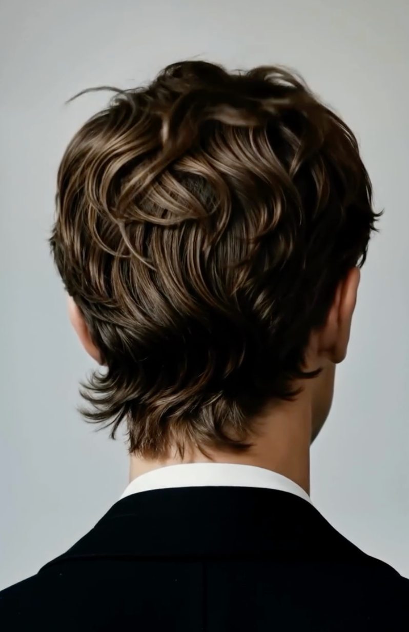 The image shows the back of a person’s head with wavy brown hair, wearing a black suit jacket and white shirt, against a plain light background.