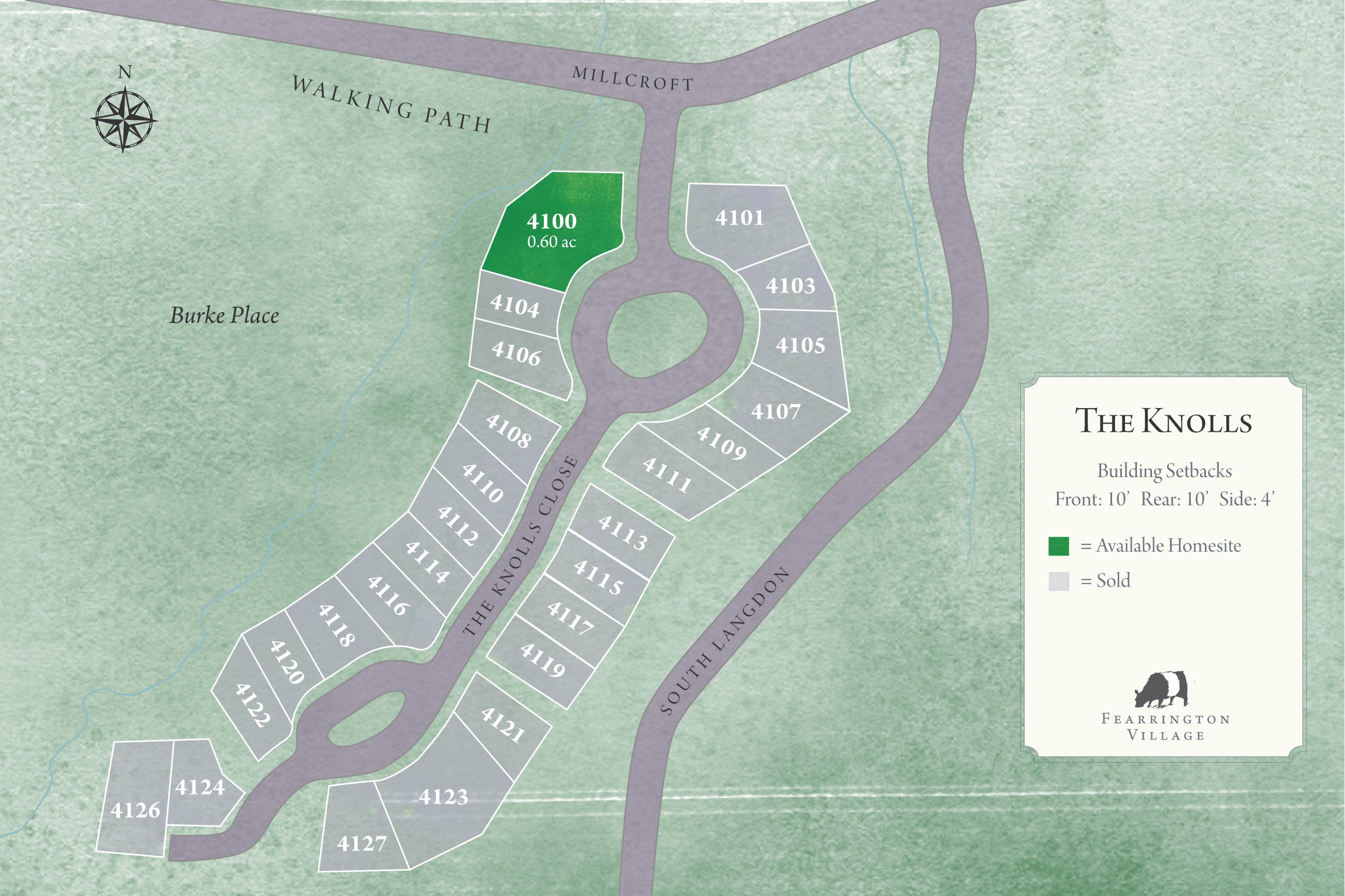 A map of The Knolls homesites at Farrington Village shows available (green) and sold (gray) lots. Lot 4100 is available. Nearby roads include South Lancon, Millcroft, and Burke Place. A walking path borders the top of the map.