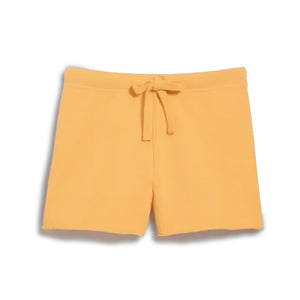 The FRANK & EILEEN Pearl Favorite Sweatshort in Tangerine features triple fleece fabric and a drawstring waist, shown laid flat on a white background.