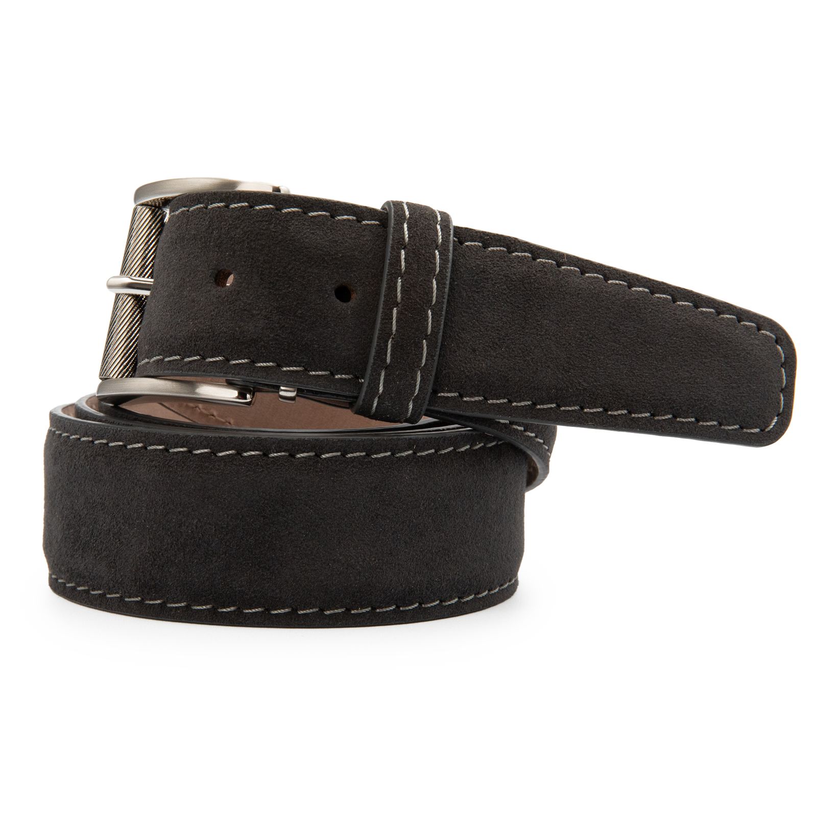 A coiled black suede belt with white stitching along the edges, featuring a silver buckle with a textured metal detail. The belt has a soft, matte finish and is displayed against a plain white background.