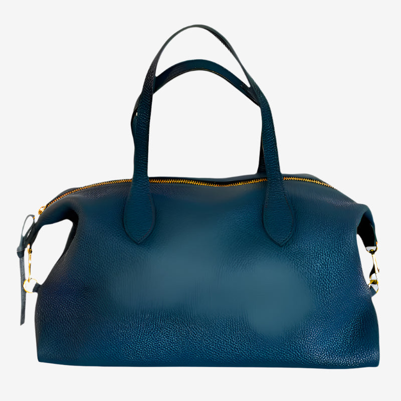 A dark blue leather handbag with a textured surface, two handles, a gold zipper, and gold hardware on the sides, displayed on a white background.