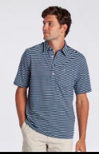 The CRIQUET Performance Players Shirt in Duval Stripe—Navy features neatly folded navy and white horizontal stripes, a collar, and a front pocket, showcased on a black background.