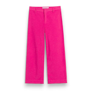The FRANK & EILEEN Wexford Wide Leg Linen Pant in Guava features a bright pink hue, belt loops, and a concealed front closure, shown laid flat on a white background.
