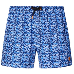 SAVE THE DUCK - ADEMIR SWIM TRUNKS IN BLUE SHARK: Quick-dry recycled polyester men's swim trunks featuring a blue and navy shark print, drawstring waistband, orange logo patch on the lower left leg, and plain light gray background.
