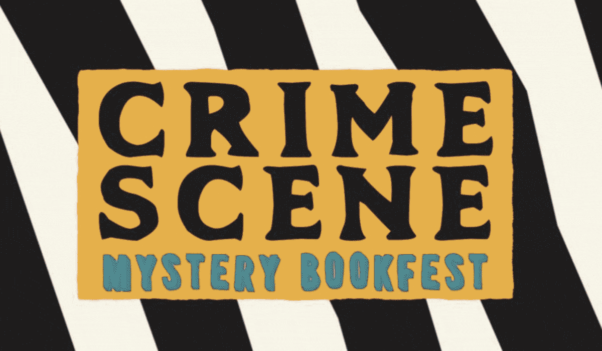 A sign with bold black text reads "Crime Scene" above blue text reading "Mystery Bookfest" on a gold rectangle, set against a black and white striped background.