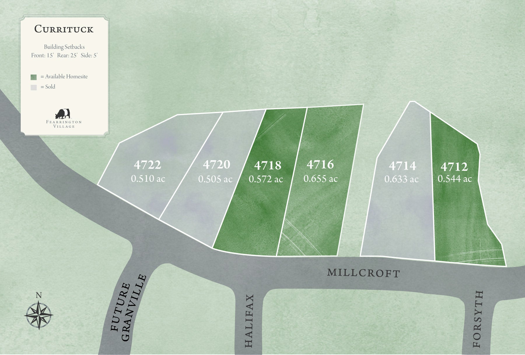 Map showing five adjacent residential lots along Millcroft Road in Farmerston Village, labeled 4722 to 4714, with size ranging from 0.510 to 0.633 acres. The lots are outlined, with two marked as available homesites.