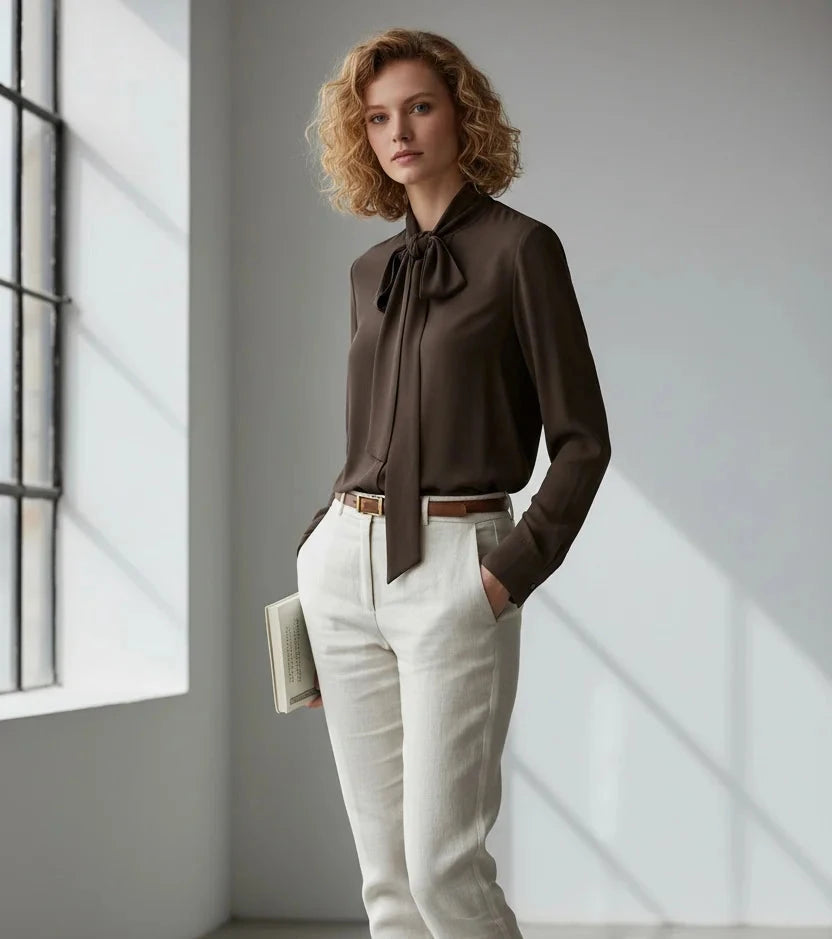 A woman wearing a dark brown long-sleeved blouse with a tie neck and off-white trousers with a brown belt, holding a book.
