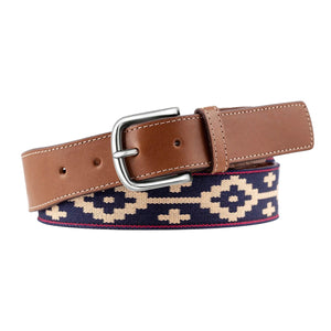 The LA MATERA - PALOMA WOVEN BELT features brown genuine leather, a silver buckle, and navy Argentine fabric with a beige geometric pattern—a stylish accessory for any outfit from LA MATERA.