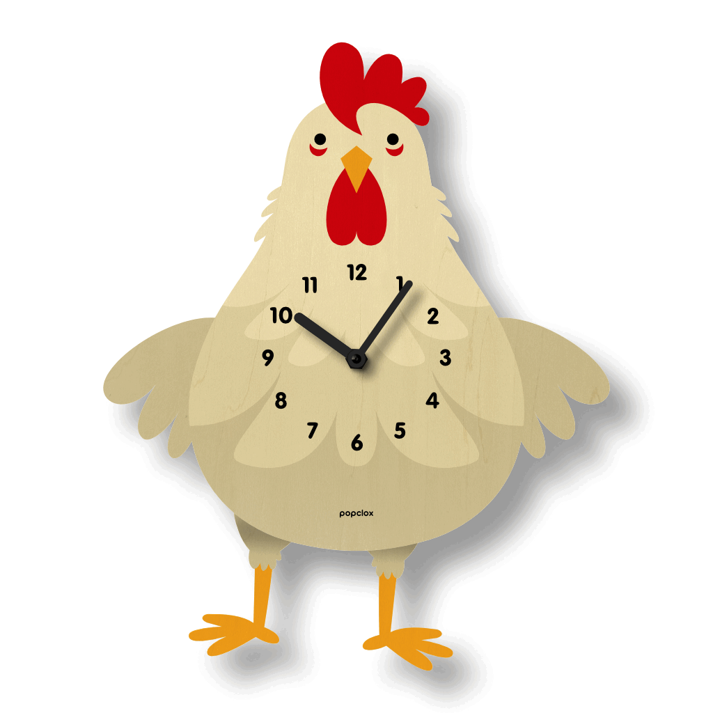A wall clock shaped like a cartoon chicken, with clock hands in the center of its body and numbers arranged on its torso. The chicken has a red comb, yellow beak, and orange feet.