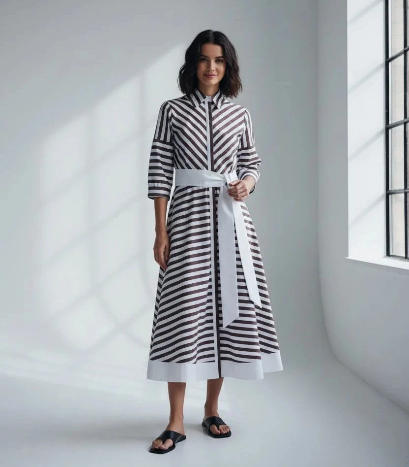 A woman wearing a brown and white striped midi shirt dress with a wide white waist tie and black slide sandals.