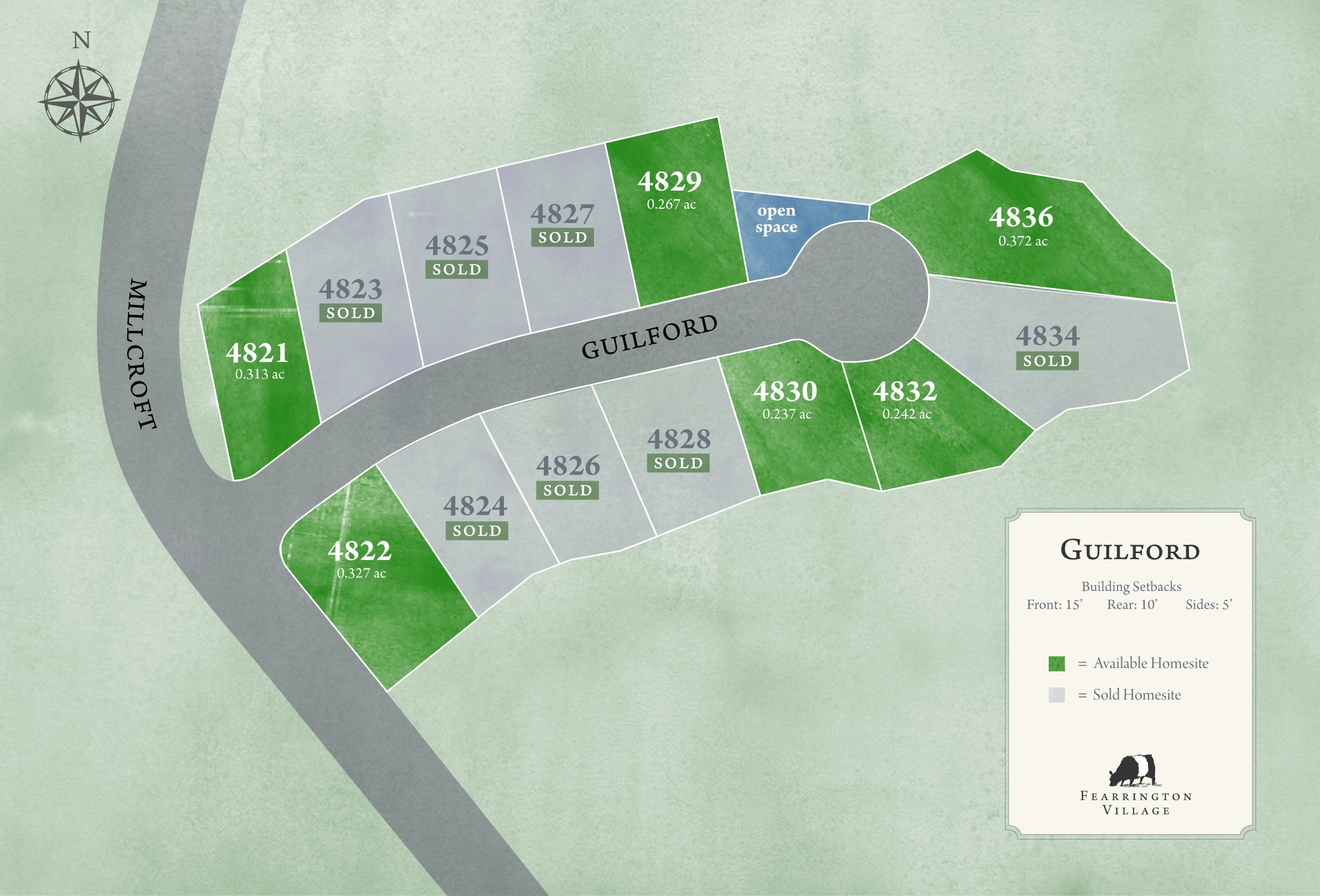 A site map of Guilford shows home lots, some marked “sold” in gray and others “available homesite” in green. It includes addresses, a road, an open space, and a legend in the bottom right corner.