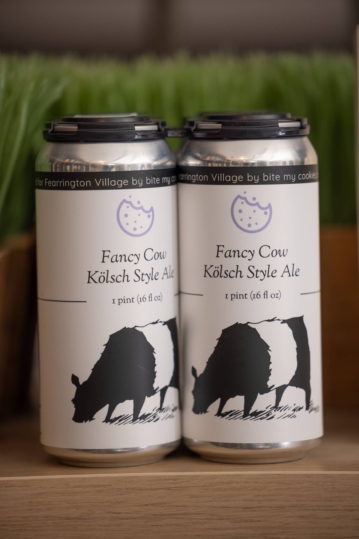 Two cans of Fancy Cow Kölsch Style Ale featuring a black and white cow illustration and purple text, placed side by side with green grass in the blurred background.