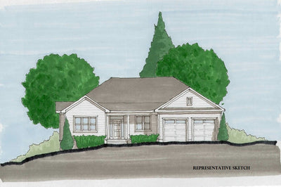 A hand-drawn sketch of a single-story house with a front porch, double garage, and surrounding green trees on a sloping lot. The image is labeled