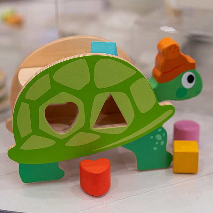 A wooden turtle-shaped toy with cut-out shapes (heart, triangle, circle) on its shell. Colored blocks in orange, yellow, pink, and purple are in front of the turtle for shape-sorting.