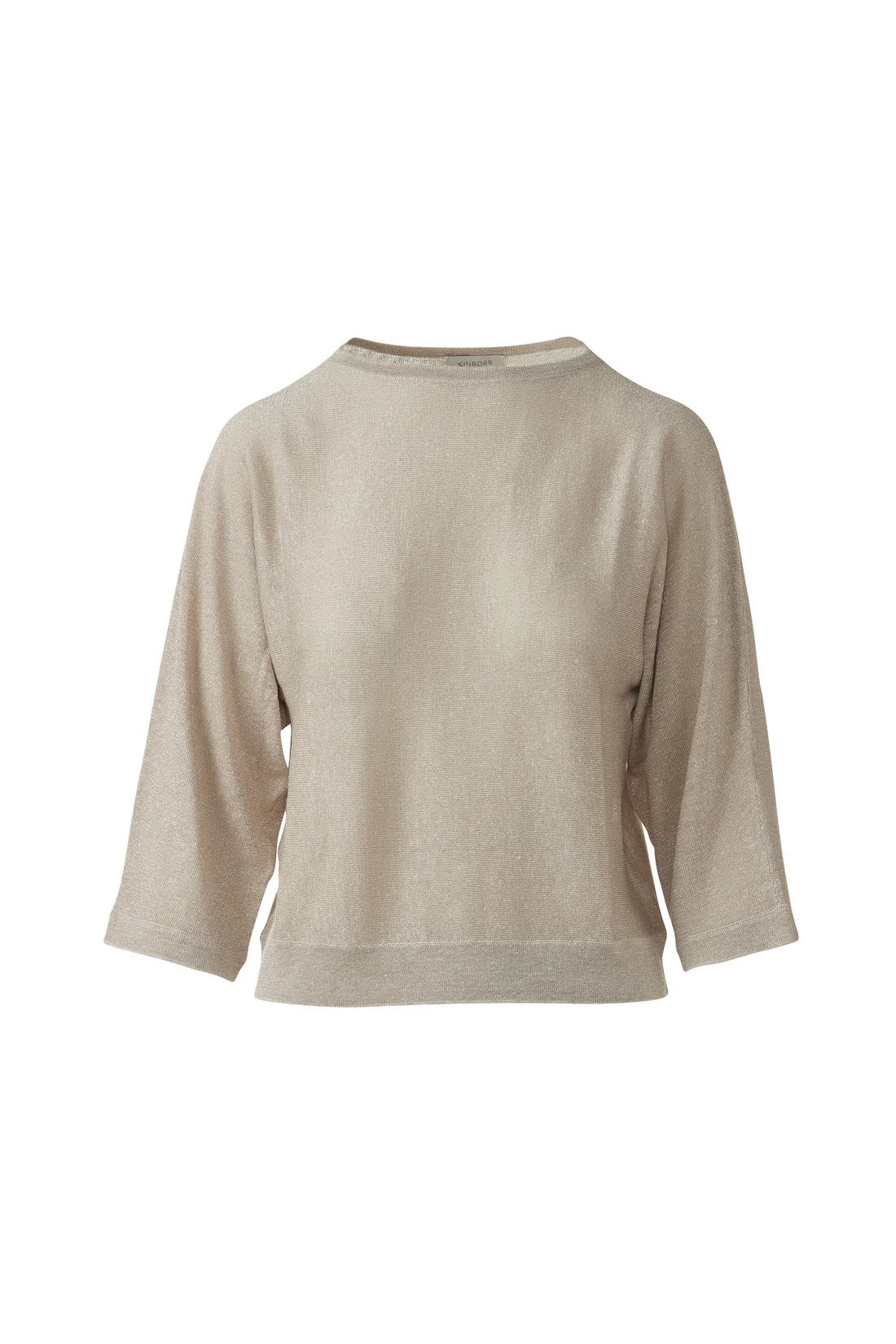 Woman with long, wavy blonde hair models the KINROSS CASHMERE Lurex Dolman Linen Pullover— a loose 100% linen top with three-quarter sleeves—paired with white pants, standing and facing away against a plain white background.