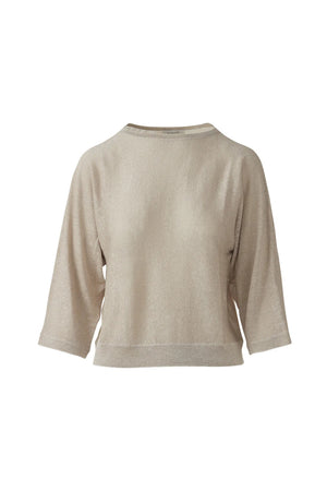 Woman with long, wavy blonde hair models the KINROSS CASHMERE Lurex Dolman Linen Pullover— a loose 100% linen top with three-quarter sleeves—paired with white pants, standing and facing away against a plain white background.