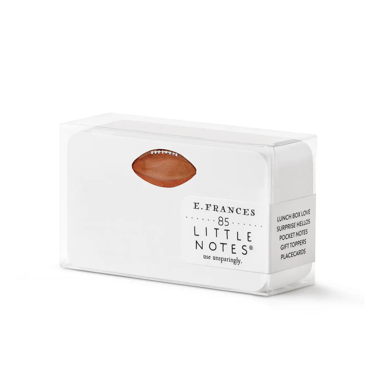 The E. FRANCES - FOOTBALL LITTLE NOTES by E. FRANCES PAPER includes 85 notes in a clear box, each with a football illustration—ideal for game day messages, lunchbox notes, surprise greetings, or sporty gift toppers.