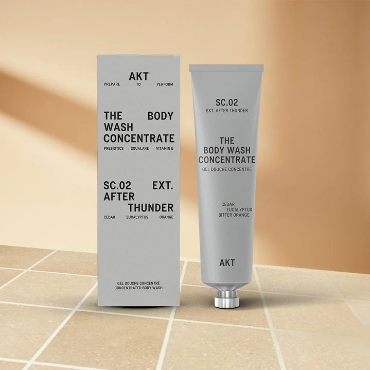 A partially squeezed purple tube labeled AKT London, featuring “BODY WASH CONCENTRATE AFTER THUNDER,” highlights long-lasting use—one tube lasts up to 3 months. Packaged in 100% recyclable aluminum with zero plastic, this vegan, plastic-free body wash offers a powerful and concentrated 3x formula with no added water.