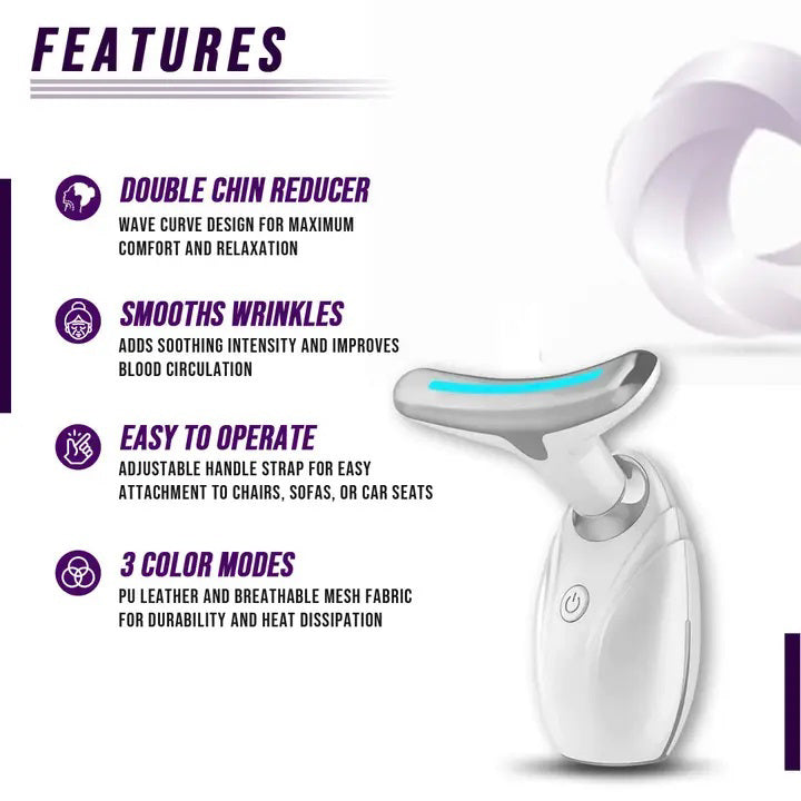 The ETERUS NECK AND FACE LIFTING LED THERAPY is a white massager with a T-shaped silver head, subtle blue accents, and a front power button. Designed for skincare routines, it features vibration massage for rejuvenation and is showcased against a plain white background.