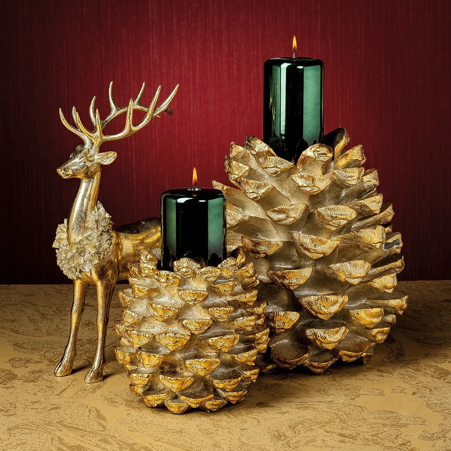 A GOLDEN PINE CONE PILLAR HOLDER - SMALL, 8.5 x 9 inch gold-toned polyresin pine cone pillar candle holder.