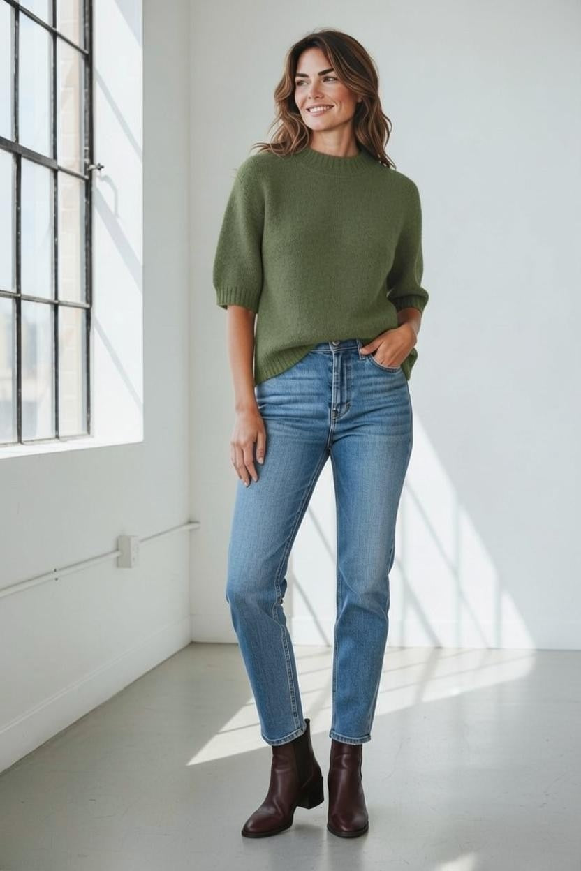 A woman stands in a bright room next to a large window streaming with natural light, smiling with one hand in her pocket. She is wearing the HARTFORD mANDA Short Sleeve Wool Pullover in Moss, styled with blue jeans and brown ankle boots for a relaxed look.