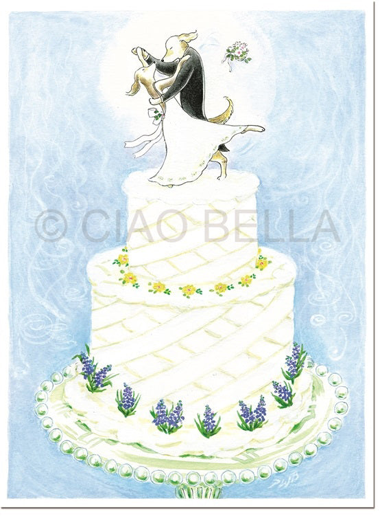 The CIAO BELLA - WEDDING CAKE CARD by CIAO BELLA features an enchanting illustration of two dogs dressed as a bride and groom, dancing atop a beautifully decorated wedding cake. The cake is embellished with intricate icing patterns, yellow flowers, and sprigs of lavender, all set against a serene soft blue background. This whimsical scene makes for delightful note cards perfect for any celebration.