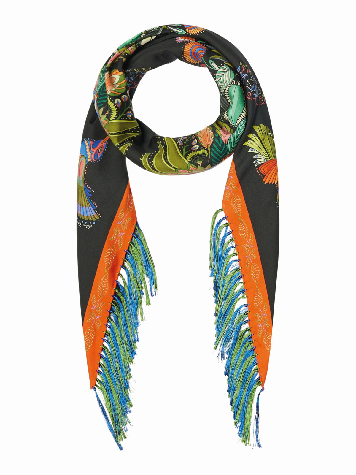 The FRANCO FERRARI - RHOMBUS SILK FRINGE SCARF is a luxurious Italian creation showcasing vibrant green, yellow, orange, and purple mosaic patterns with abstract shapes and floral elements. Yellow and purple fringes add a sophisticated flair.