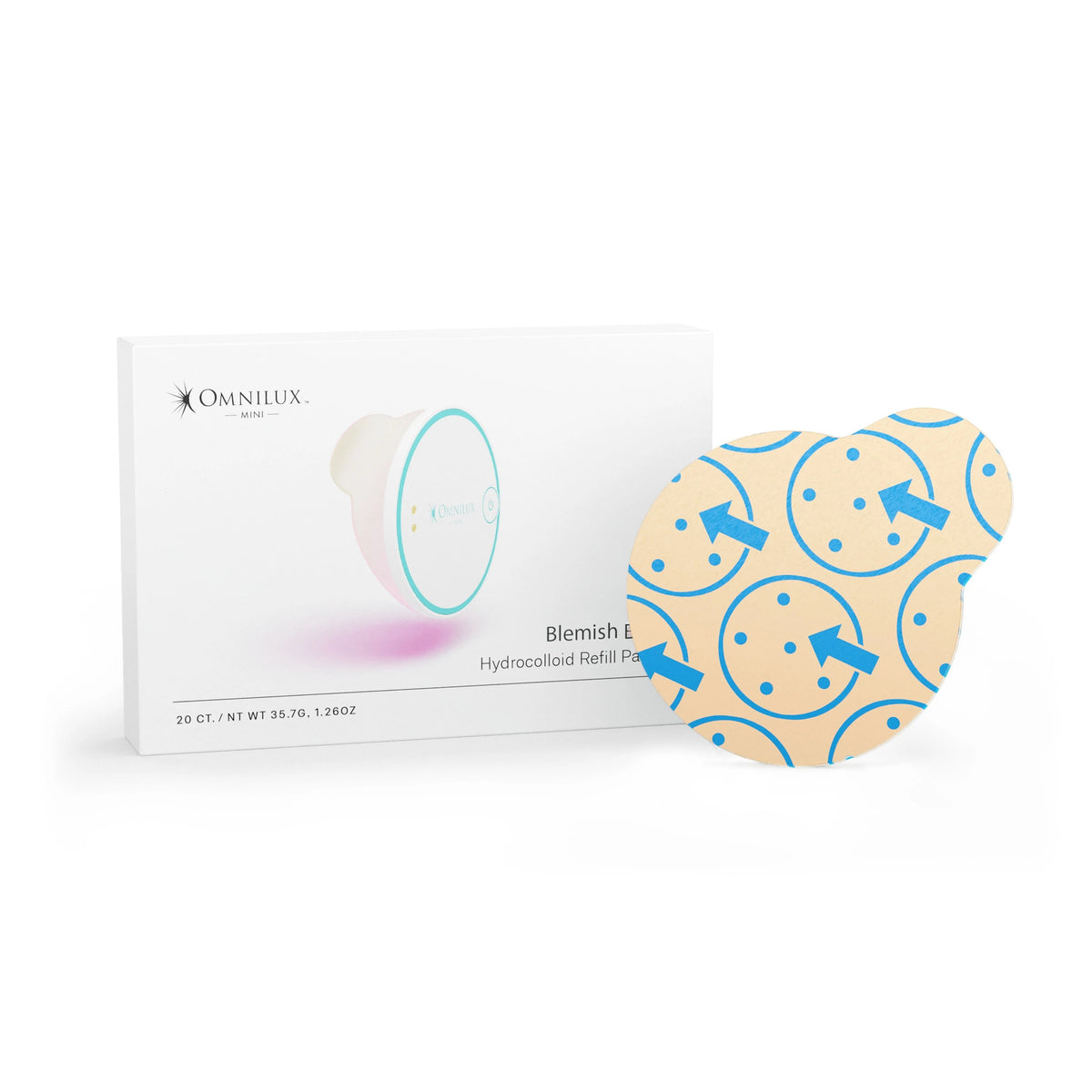 A person with short brown hair and multiple ear piercings uses the OMNILUX round skincare device emitting red light on their forehead, which is covered by an OMNILUX - BLEMISH ERASER HYDROCOLLOID PATCH REFILL KIT patch.