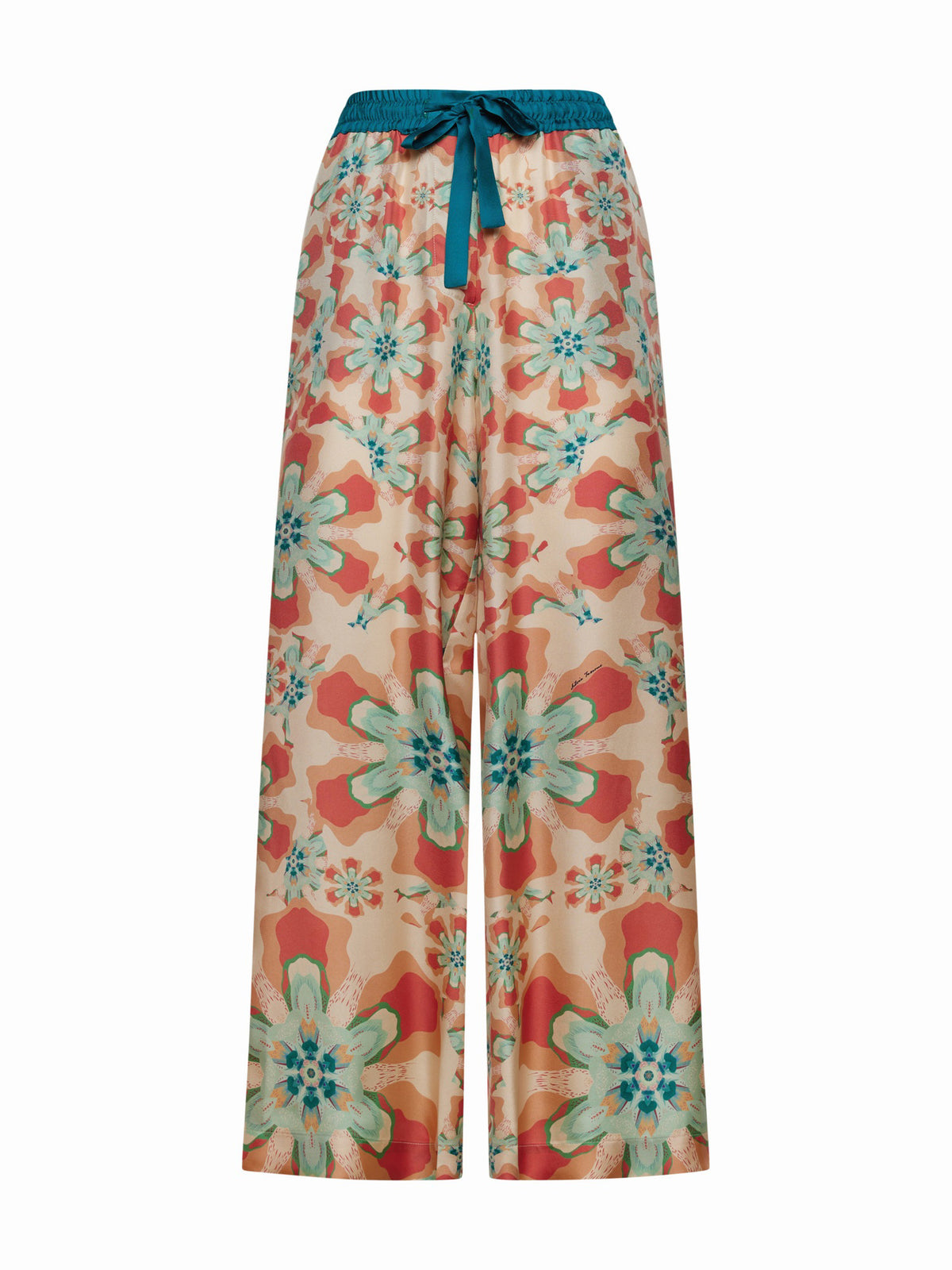 FRANCO FERRARI&#39;s ALOE SILK TROUSER is high-waisted with a wide-leg cut, showcasing a resort-style floral print in vibrant orange, teal, and pink on a light background with large blossoms for an eye-catching look.