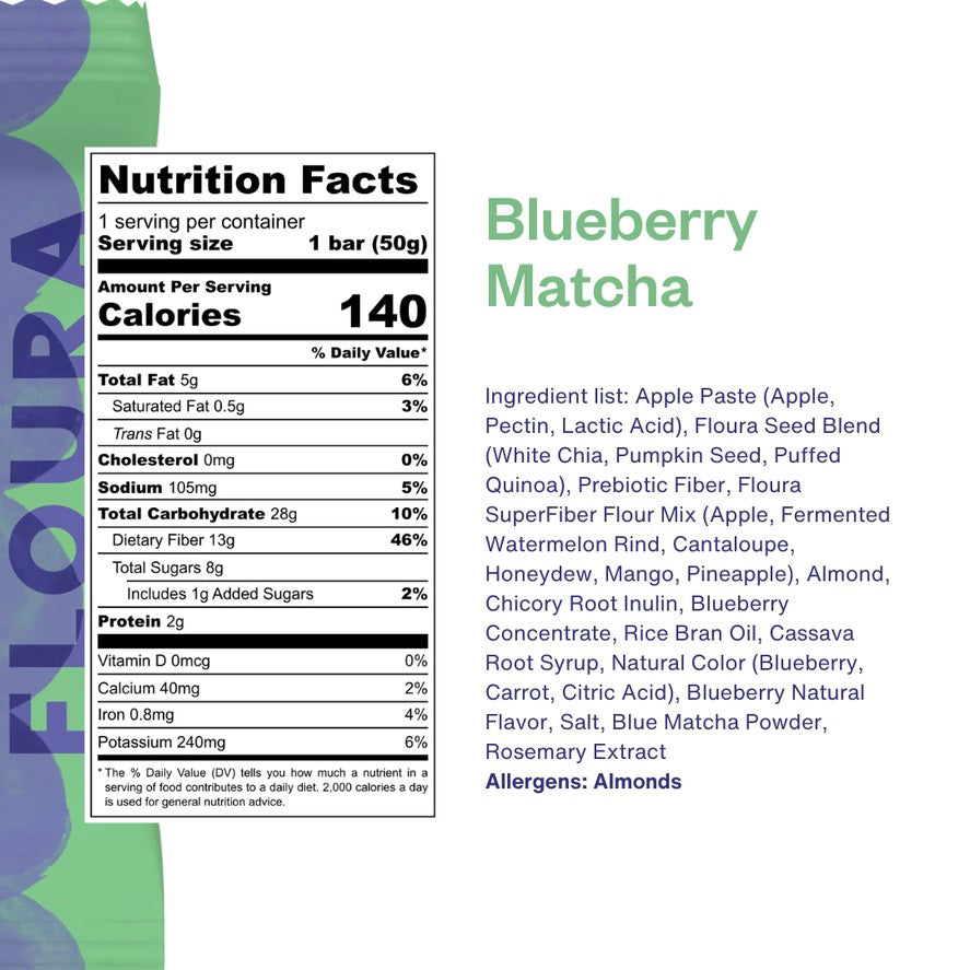 A green and purple FLOURA &amp; CO box labeled &quot;BLUEBERRY MATCHA FLOURS FIBERCRUSH BAR 2&quot; sits behind a matching fruit bar. The packaging highlights 13g prebiotic fiber, dietary benefits, and its value as a gut health snack.