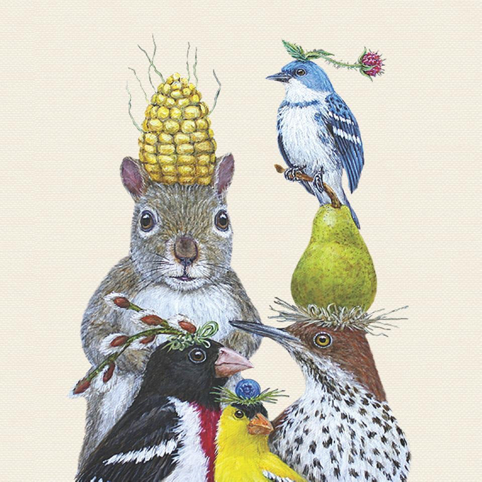 Add playful cheer to holiday tables with PARTY UNDER THE FEEDER beverage napkins by PAPER PRODUCTS DESIGN, featuring a whimsical squirrel in a corn hat and four birds with hats of pears and blossoms. Perfect for festive gatherings!.