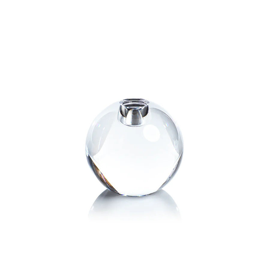 The ROUND CRYSTAL GLASS TAPER HOLDER by ZODAX is a clear, spherical crystal holder with a metal-rimmed top opening, set against a white background.