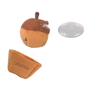 A plush, squeaky dog toy from CHEWFFON shaped like an acorn, featuring a textured brown top and a smooth tan base. The word “CHEWFFON” is embroidered on the base in light brown thread. This toy is called the ACORN SNUFFLE & SQUEAKY DOG TOY.